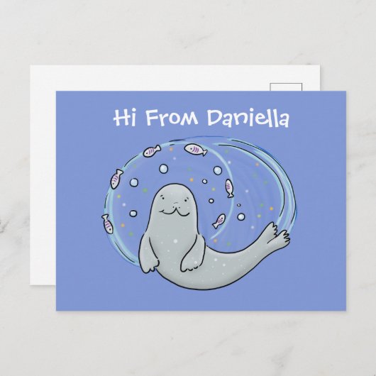 かわいいハッピーシールと魚の青い漫画イラストレーション ポストカード (正面/裏面)