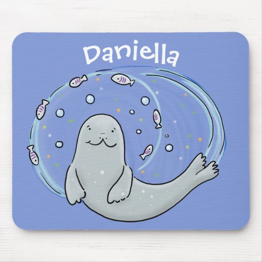 かわいいハッピーシールと魚の青い漫画イラストレーション マウスパッド (正面)