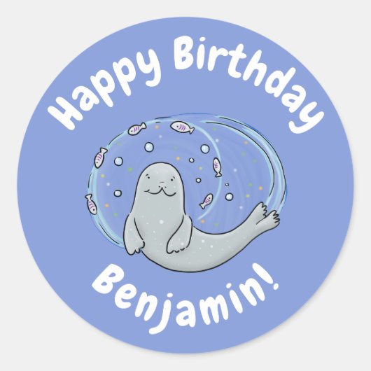 かわいいハッピーシールと魚の青い漫画イラストレーション ラウンドシール (正面)