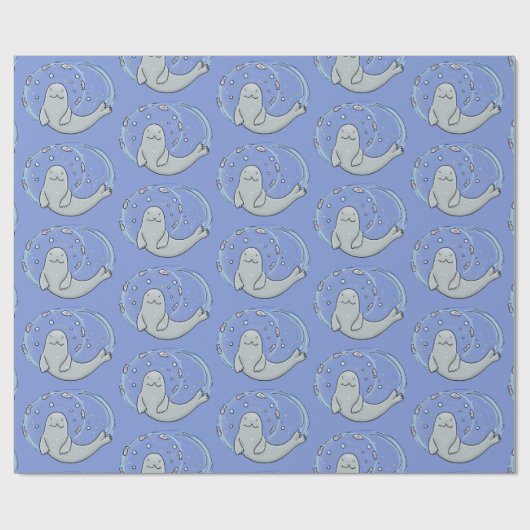 かわいいハッピーシールと魚の青い漫画イラストレーション ラッピングペーパー (フラット)