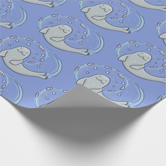 かわいいハッピーシールと魚の青い漫画イラストレーション ラッピングペーパー (角)