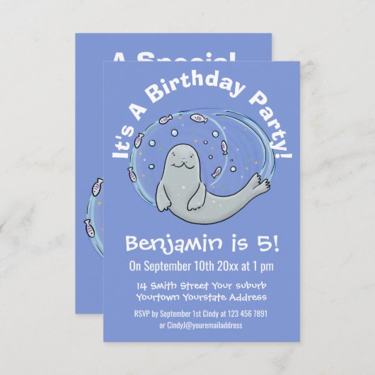 かわいいハッピーシールと魚の青い漫画イラストレーション 招待状 (正面/裏面)
