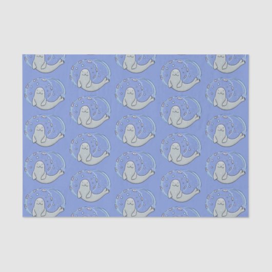 かわいいハッピーシールと魚の青い漫画イラストレーション 薄葉紙 (正面)