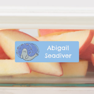 かわいいハッピーシールと魚の青い漫画パーソナライズされた ラベル