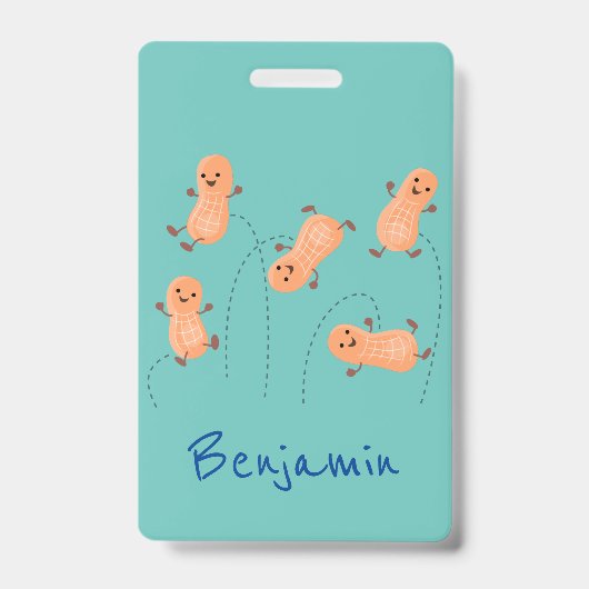 かわいいハッピージャンプ落花生の漫画イラストレーション バッジ (正面)