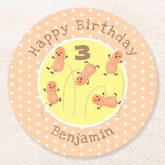 かわいいハッピージャンプ落花生の漫画イラストレーション ラウンドペーパーコースター (正面)