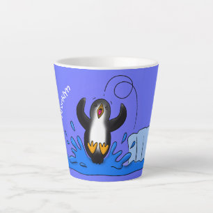 かわいいハッピージャンペンギン漫画イラストレーション カフェラテマグ