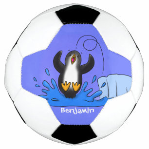 かわいいハッピージャンペンギン漫画イラストレーション サッカーボール