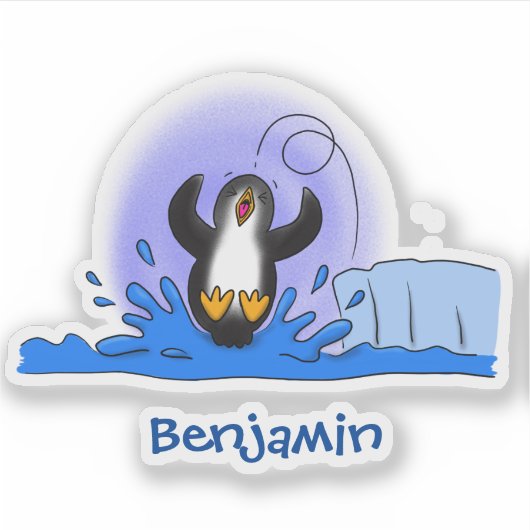 かわいいハッピージャンペンギン漫画イラストレーション シール (正面)