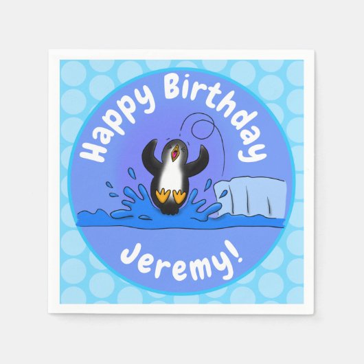 かわいいハッピージャンペンギン漫画イラストレーション スタンダードカクテルナプキン (正面)
