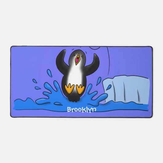 かわいいハッピージャンペンギン漫画イラストレーション デスクマット (正面)