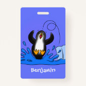 かわいいハッピージャンペンギン漫画イラストレーション バッジ (裏面)