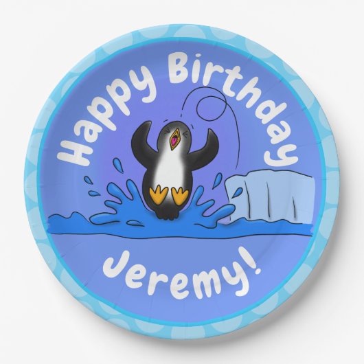 かわいいハッピージャンペンギン漫画イラストレーション ペーパープレート (正面)