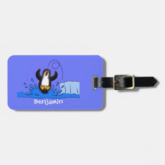 かわいいハッピージャンペンギン漫画イラストレーション ラゲッジタグ (正面横)