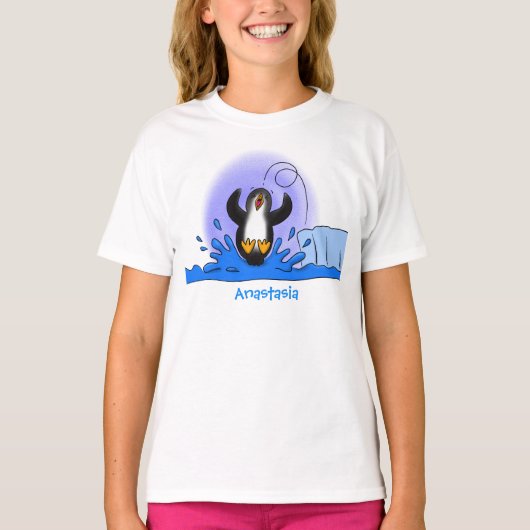 かわいいハッピージャンペンギン漫画イラストレーション Tシャツ (正面)