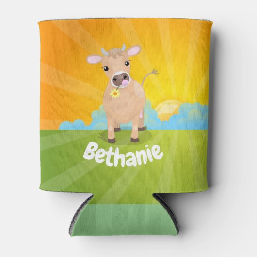 かわいいハッピージャージーの牛と花の日の出の漫画 缶クーラー (正面)