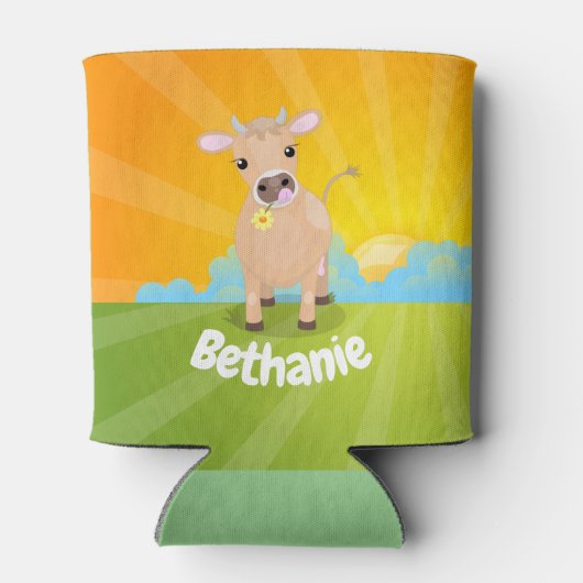 かわいいハッピージャージーの牛と花の日の出の漫画 缶クーラー (裏面)