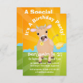 かわいいハッピージャージーの牛と花の漫画の誕生日 招待状 (正面/裏面)