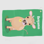 かわいいハッピージャージーの牛と花の漫画 ゴルフタオル (横)