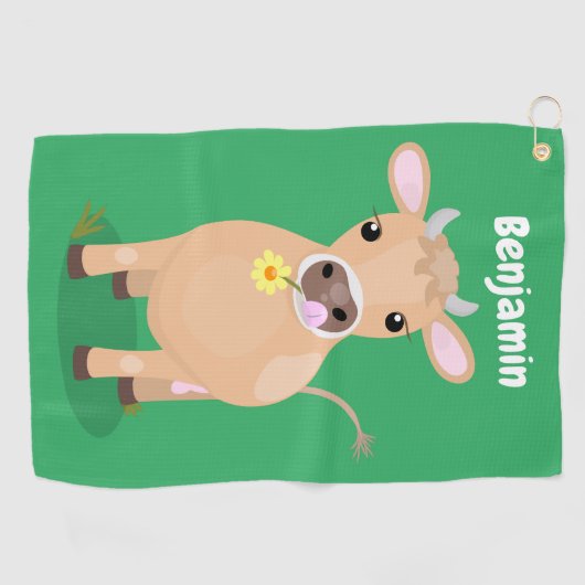 かわいいハッピージャージーの牛と花の漫画 ゴルフタオル (横)