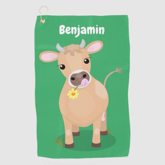 かわいいハッピージャージーの牛と花の漫画 ゴルフタオル (正面)