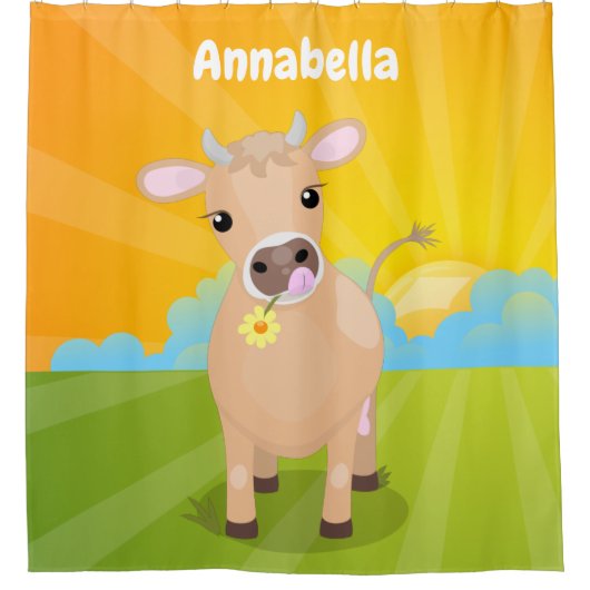 かわいいハッピージャージーの牛と花の漫画 シャワーカーテン (正面)