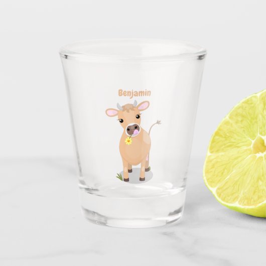 かわいいハッピージャージーの牛と花の漫画 ショットグラス (正面)