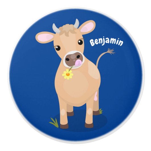 かわいいハッピージャージーの牛と花の漫画 セラミックノブ (正面)