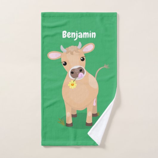 かわいいハッピージャージーの牛と花の漫画 バスタオルセット (ハンドタオル)