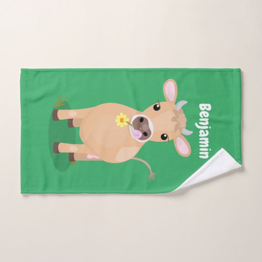 かわいいハッピージャージーの牛と花の漫画 バスタオルセット (ハンドタオル)