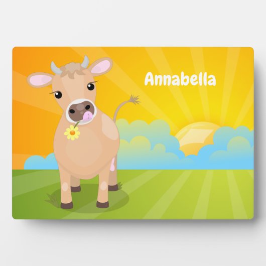 かわいいハッピージャージーの牛と花の漫画 フォトプラーク (正面)