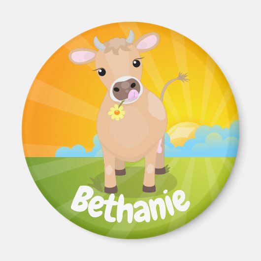 かわいいハッピージャージーの牛と花の漫画 マグネット (正面)