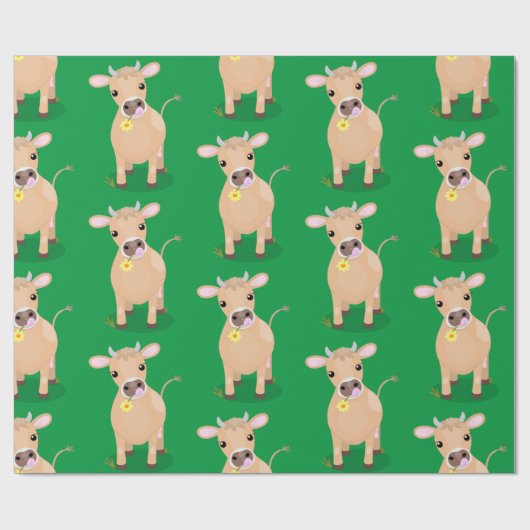 かわいいハッピージャージーの牛と花の漫画 ラッピングペーパー (フラット)