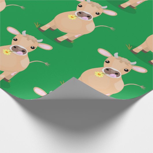 かわいいハッピージャージーの牛と花の漫画 ラッピングペーパー (角)