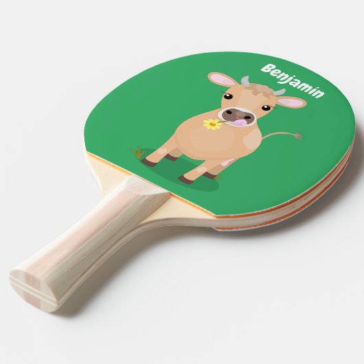 かわいいハッピージャージーの牛と花の漫画 卓球ラケット (正面アングル)