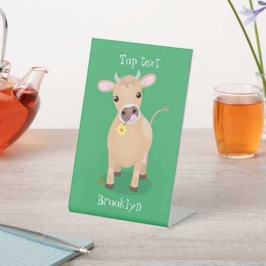 かわいいハッピージャージーの牛と花の漫画 台座サイン (インサイチュ)