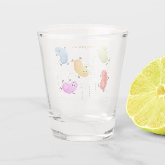 かわいいハッピーゼリービーンズ跳び漫画イラストレーション ショットグラス (裏面)