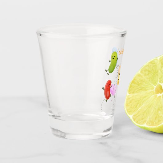 かわいいハッピーゼリービーンズ跳び漫画イラストレーション ショットグラス (左)