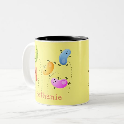 かわいいハッピーゼリービーンズ跳び漫画イラストレーション ツートーンマグカップ (正面左)