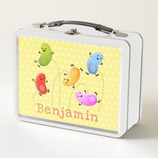 かわいいハッピーゼリービーンズ跳び漫画イラストレーション メタルランチボックス (正面)