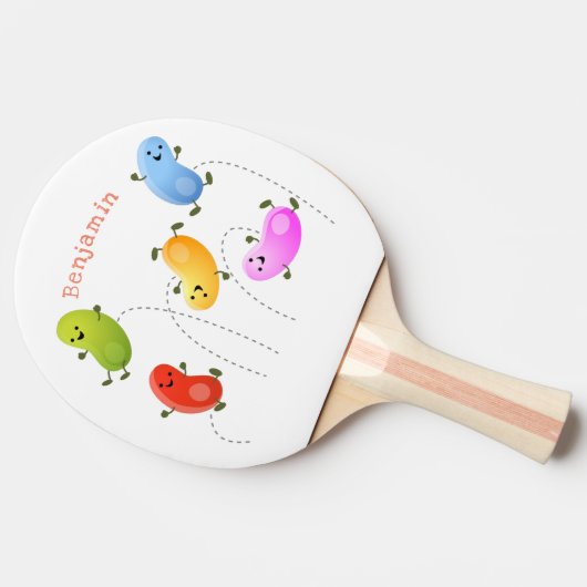 かわいいハッピーゼリービーンズ跳び漫画イラストレーション 卓球ラケット (横)