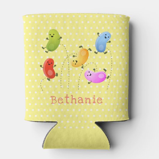 かわいいハッピーゼリービーンズ跳び漫画イラストレーション 缶クーラー (裏面)