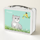 かわいいハッピータビー猫&ライトブルーの小鳥 メタルランチボックス (裏面)