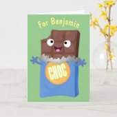 かわいいハッピーチョコレートキャンディバー漫画のキャラクター カード (黄色い花)