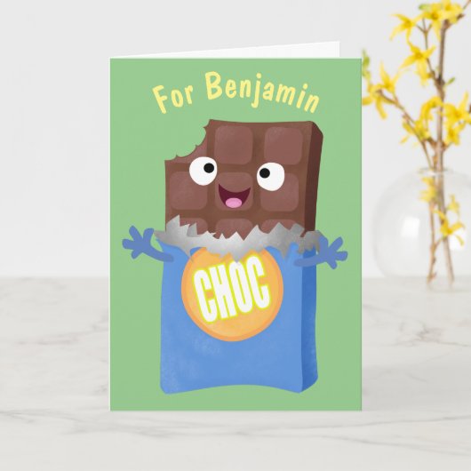 かわいいハッピーチョコレートキャンディバー漫画のキャラクター カード (黄色い花)