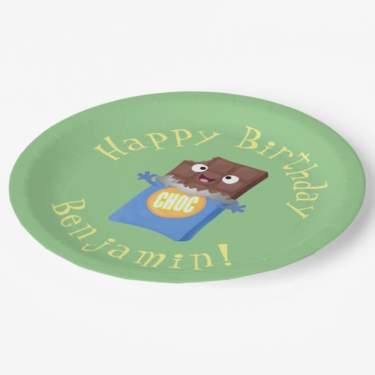かわいいハッピーチョコレートキャンディバー漫画のキャラクター ペーパープレート (アングル)