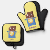 かわいいハッピーチョコレートキャンディバー漫画のキャラクター 鍋つかみ&鍋敷きセット (正面/裏面)