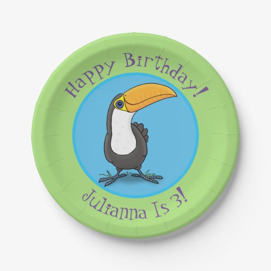 かわいいハッピートゥーカン漫画イラストレーション ペーパープレート (正面)