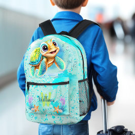 かわいいハッピートルカメ海ターコイズネームモノグラム プリントバックパック