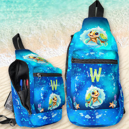 かわいいハッピートルボーイ海ブルーネーム スリングバッグ